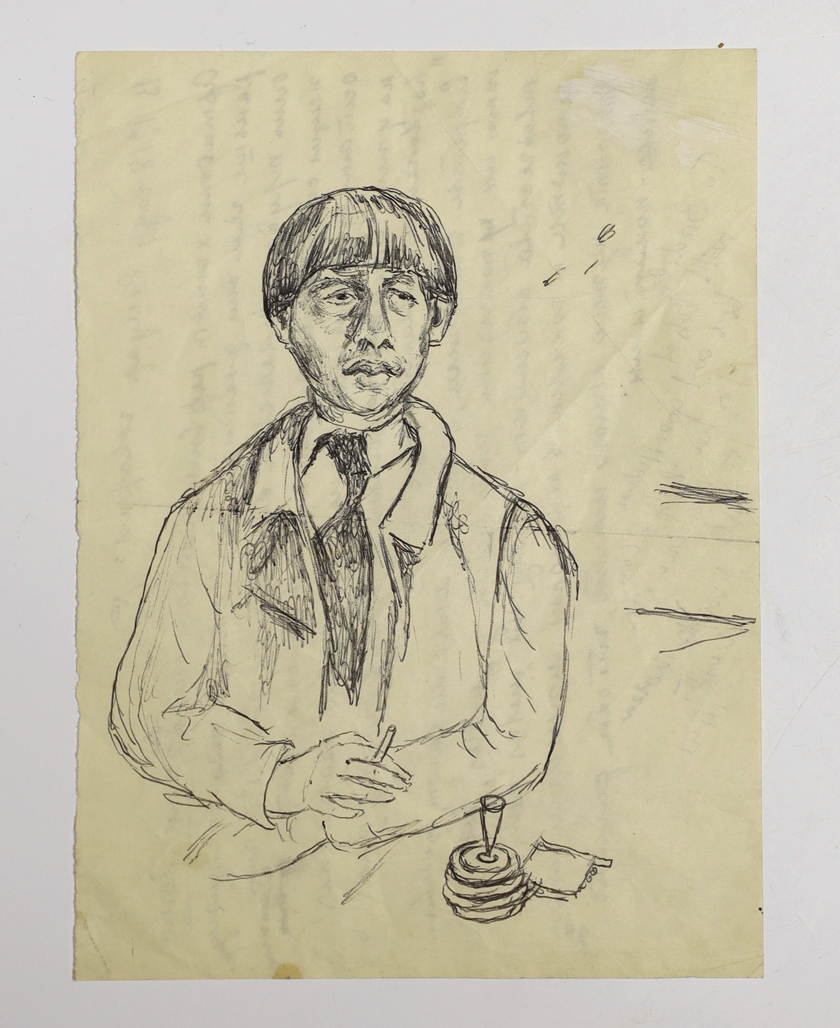 Chaim Soutine interest; a portrait in pen on paper (believed to be either a self-portrait or a portrait of him by Marie Marevna as a contemporary addition to the letter), the reverse with an autograph love letter in penc